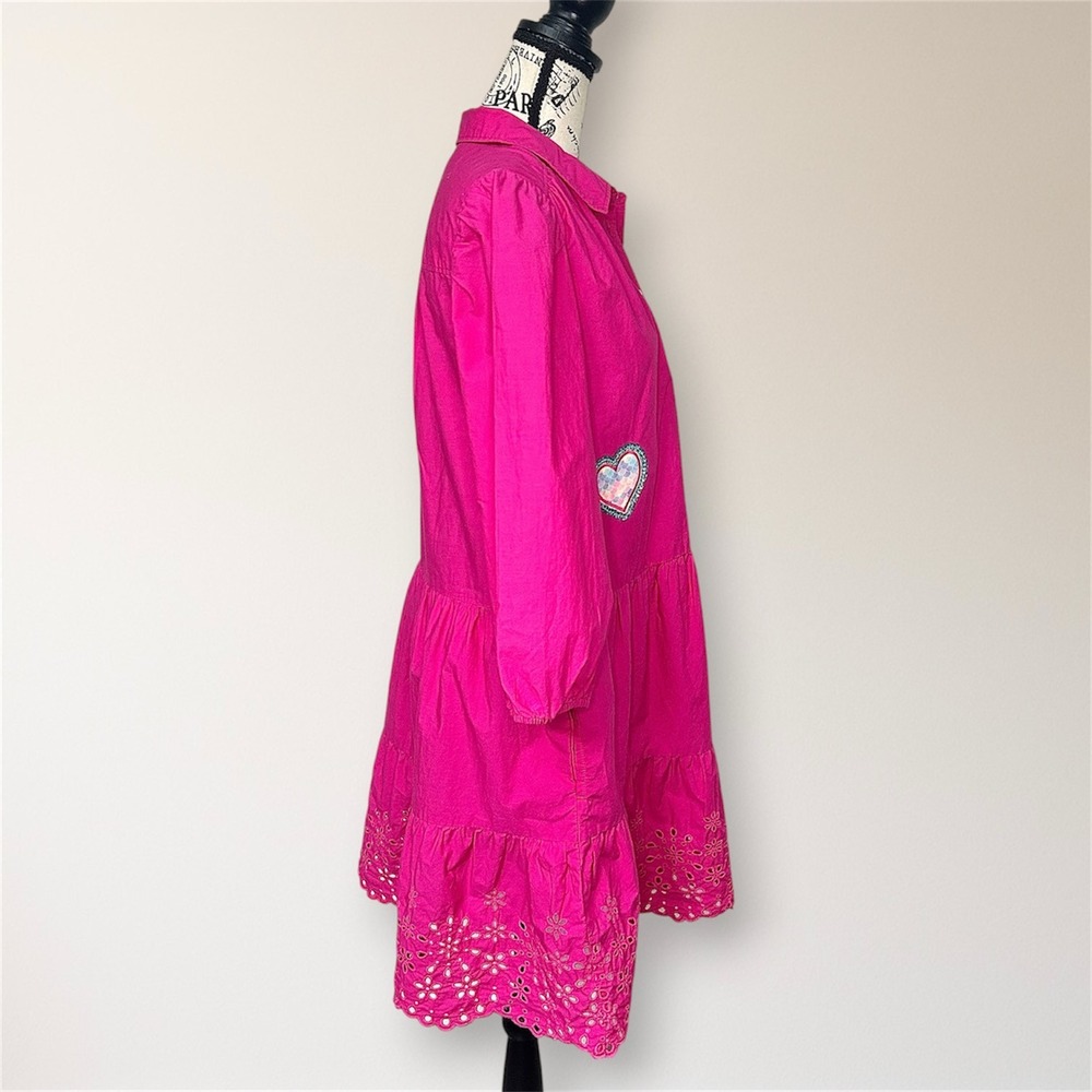 GAP Pink Eyelet Hem Cotton Shirt Mini Dress Sequin Heart Puff Sleeve Pockets - Picture 4 of 12